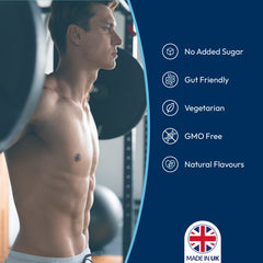 (Cookie Dough) Muscular man lifting weights with health and wellness product features on a blue background